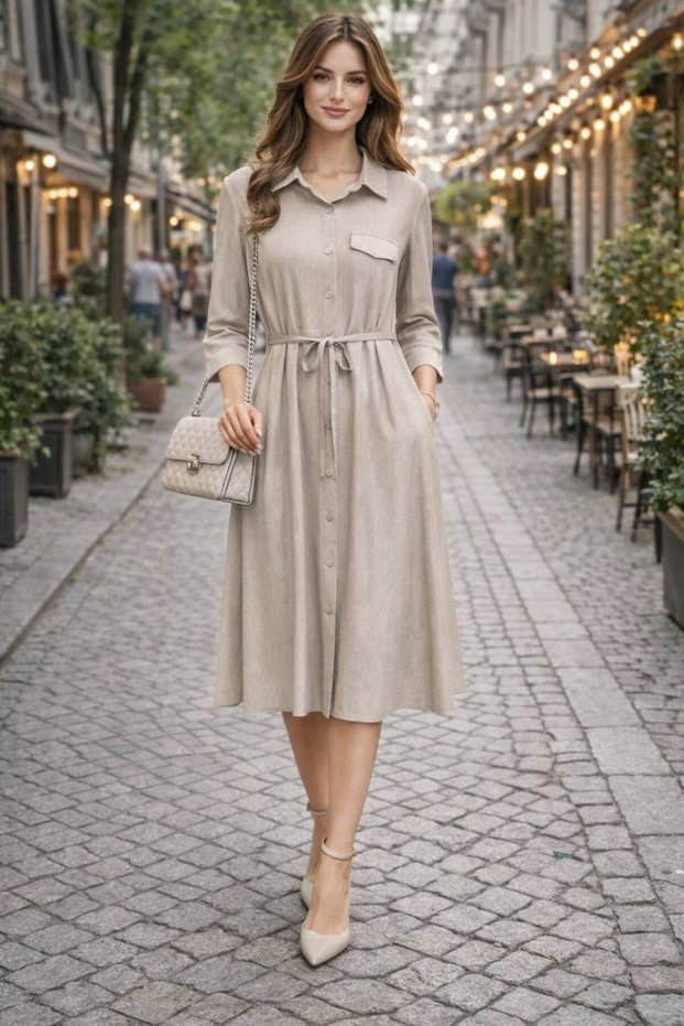 Women's Beige Button-Closure Belt Detailed 100% Tencel Fabric Midi Shirt Dress
