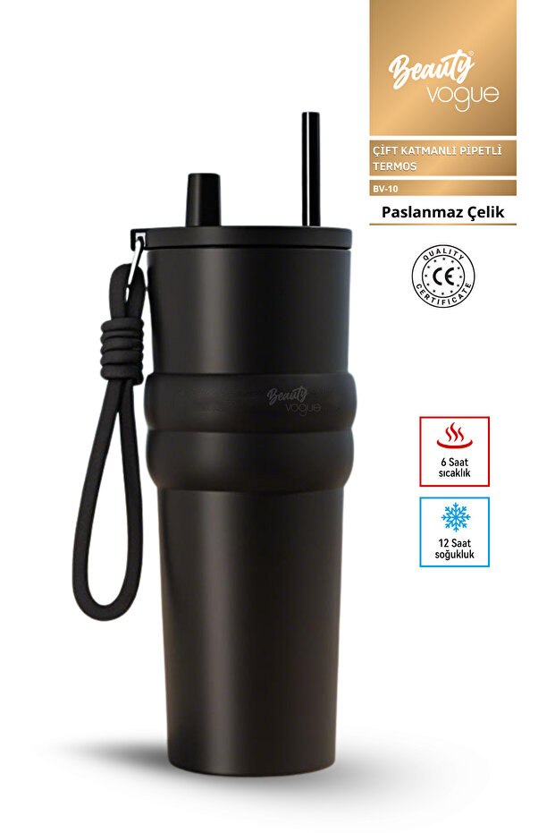Bv-10 Luxury Steel Thermos Cup - Double Insulated Mug with Straw - Matte Black