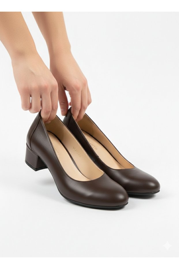 Brown Genuine Leather Short Heeled Casual Women's Shoes