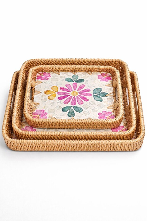 طقم صواني منسوجة من الخوص بنمط مربع مكون من 3 قطع - صينية منسوجة من الخوص - صينية منسوجة من الخوص بنمط مميز - 1