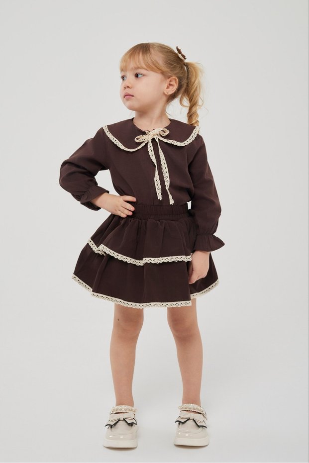 Girl's Scallop Detailed Brown Shirt and Skirt 2-Piece Set