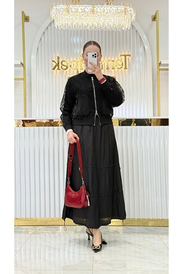 Transparan Çift Cepli Dantel Bomber Ceket - 1