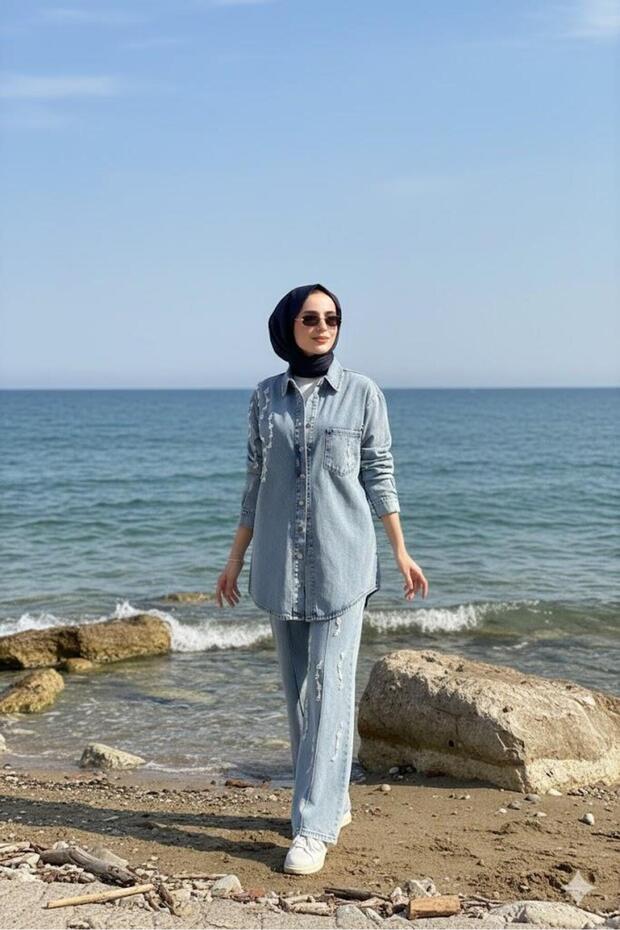 İncili Pantolonlu Denim Takım - 4