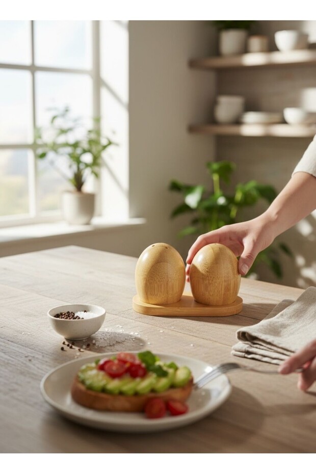 Salt and Pepper Shakers with Bamboo Stand - 3-Piece Tabletop Salt and Pepper Shakers