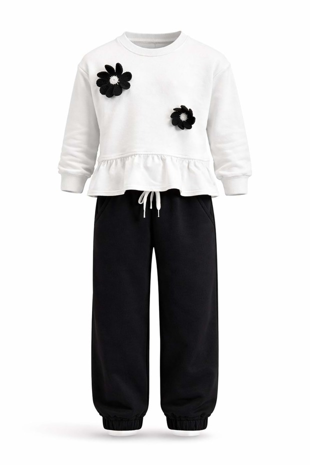 White Sweatshirt with Floral Appliqué Top and Bottom Set - Black and White - 4-5 Years - St00310-Black and White-4-5 Years