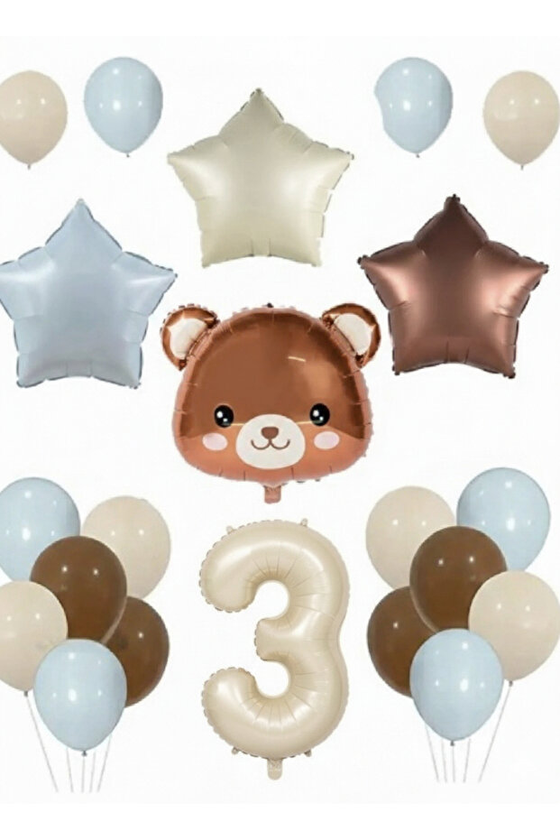 Blue Beige Brown Bear Balloon and Number Balloon Set 15 Pieces