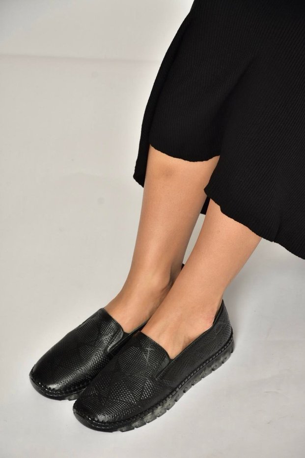 Y555117003 Black Genuine Leather Comford Orthopedic Sole Women's Shoes