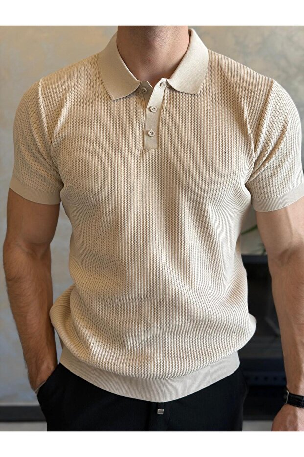 Men's Slim Fit Polo Collar Button Detailed Textured Tshirt Beige Eca058