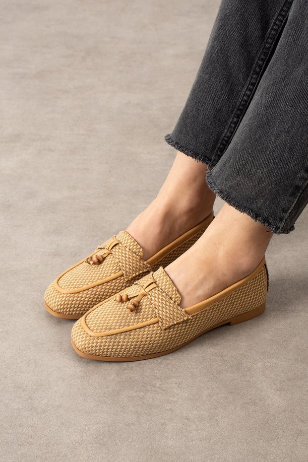 Padova Checkered Mink Tasseled Wooden Bead Detailed Loafer Ballerina Casual Shoes