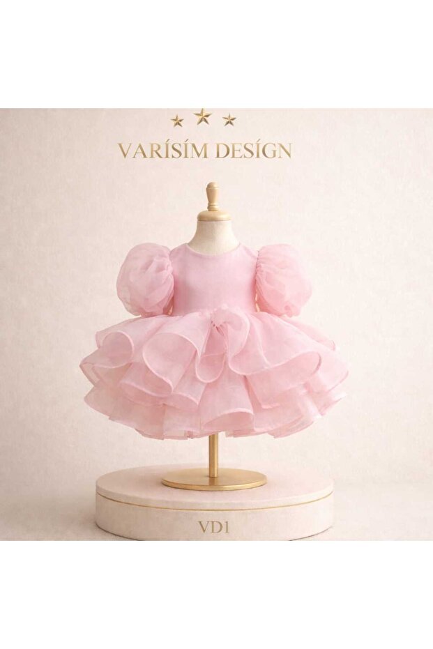 VARİSİM DESİGN Kız Çocuk Elbisesi Toz Pembe Balon Kol Fiyonklu Tütü Prenses Doğum Günü Parti Elbisesi