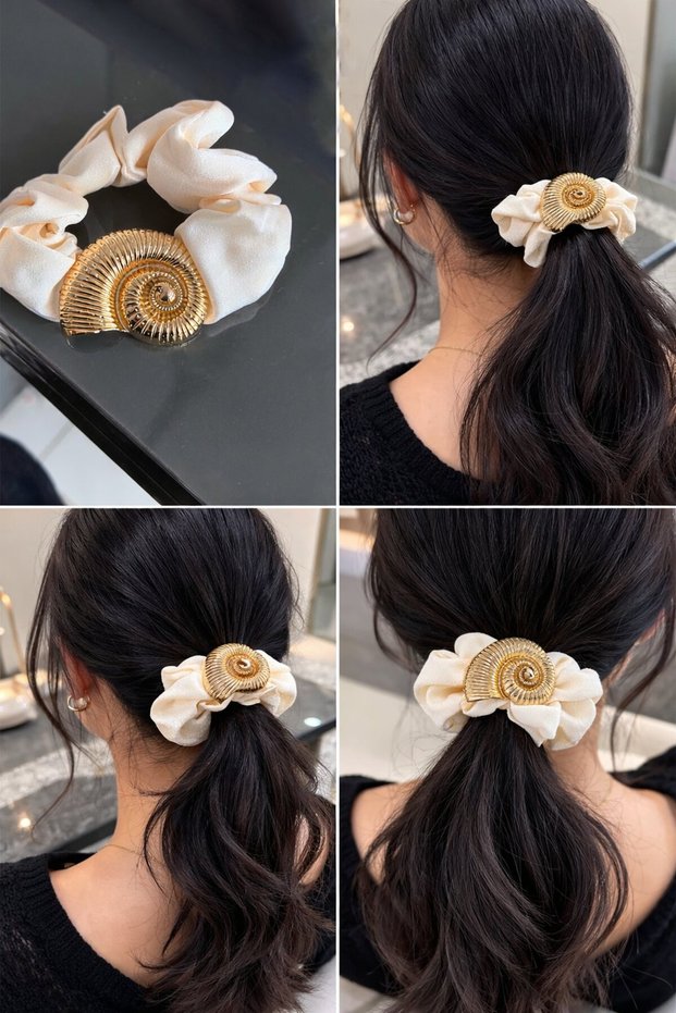 Cream Color Bagel Buckle with Gold Color Sea Shell Detail