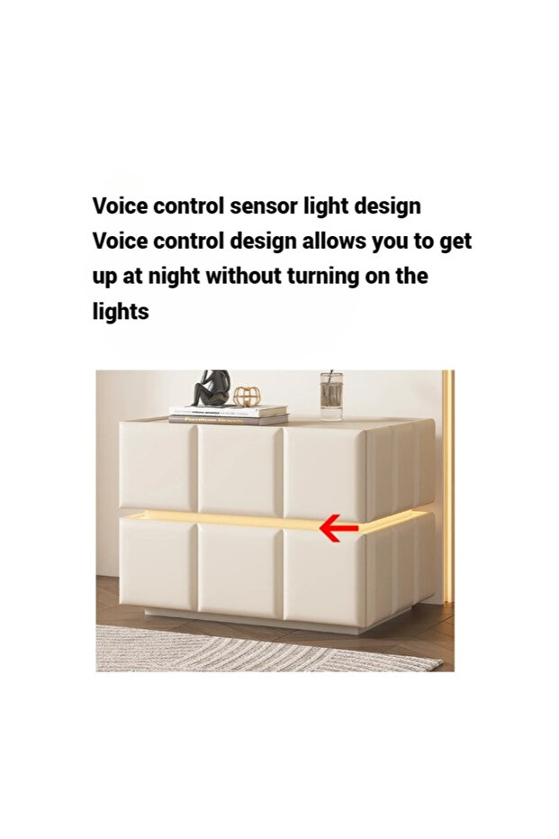 طاولة جانبية للسرير بإطار من الخشب الصلب، سهلة التركيب، مزودة بإضاءة LED ذكية، لون أبيض. - 5
