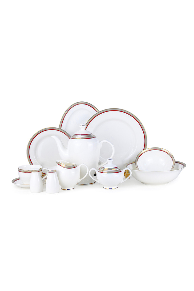 LUMA 47Pc Bone China Dinnerware Set, White & Red, Gold Rim|Perfect for 8 Persons