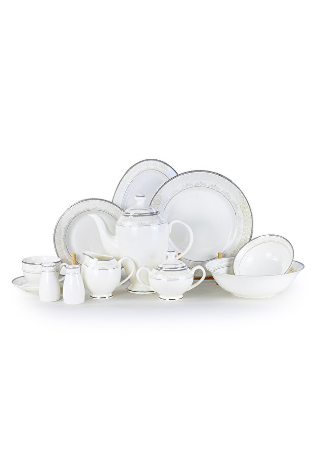 VERA 47Pc Bone China Dinnerware Set - White with Platinum-Silver Rim| Perfect for 8 Persons