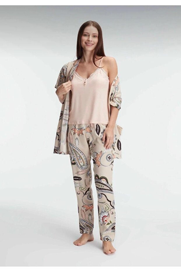 Women's 3-Piece Dressing Gown Set with Rope Straps, Floral Pattern and Lace Detail