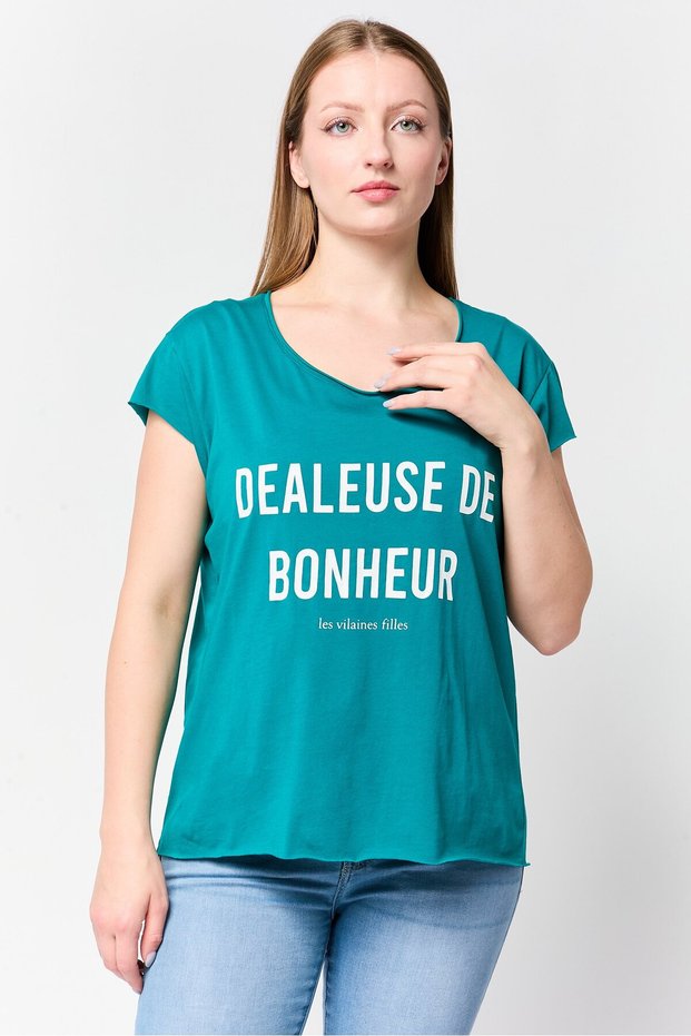 Women Crew Neck Short Sleeve Graphic Print Top, Teal Green