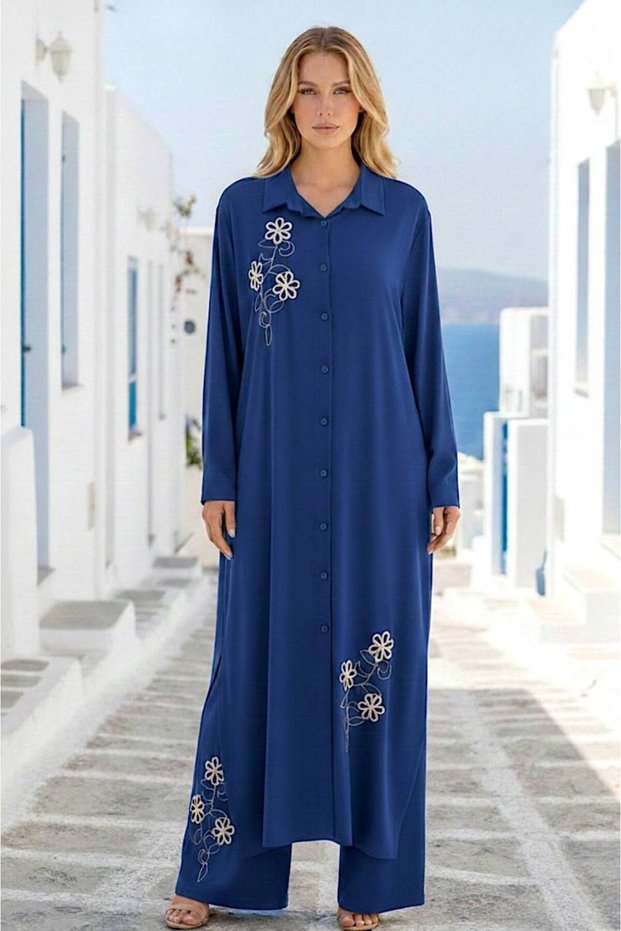 Women's Ethnic Embroidery Detailed Long Shirt Dress and Elastic Waist Pants 2-Piece Set