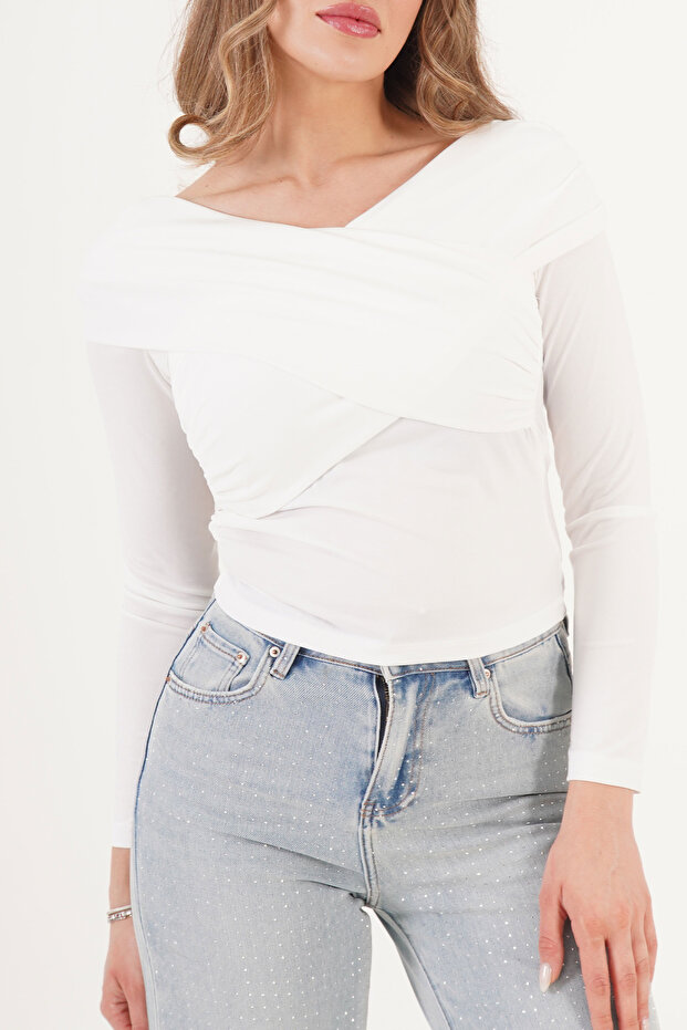 Drapeli Çapraz Model Sandy Beyaz Bluz - 3