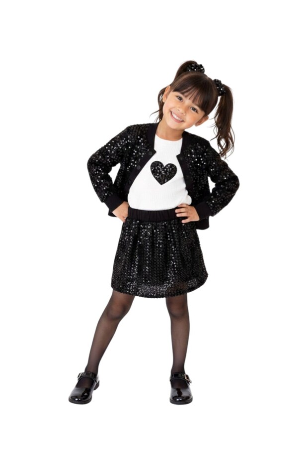 Girl's 3-Piece Stylish Set with Sequined Cardigan and Shorts Skirt, Festive Sparkly Set for Girls Aged 5-6-7-8-9-10 Years