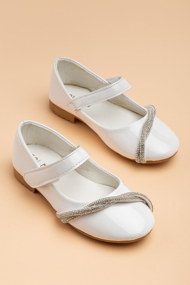 Girl's Ballerina Ballet Shoes in White Patent Leather with Stone Detail