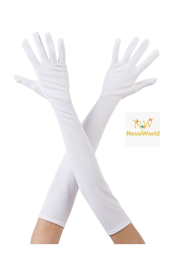 White Color Elbow Length Fabric Gloves 40 cm