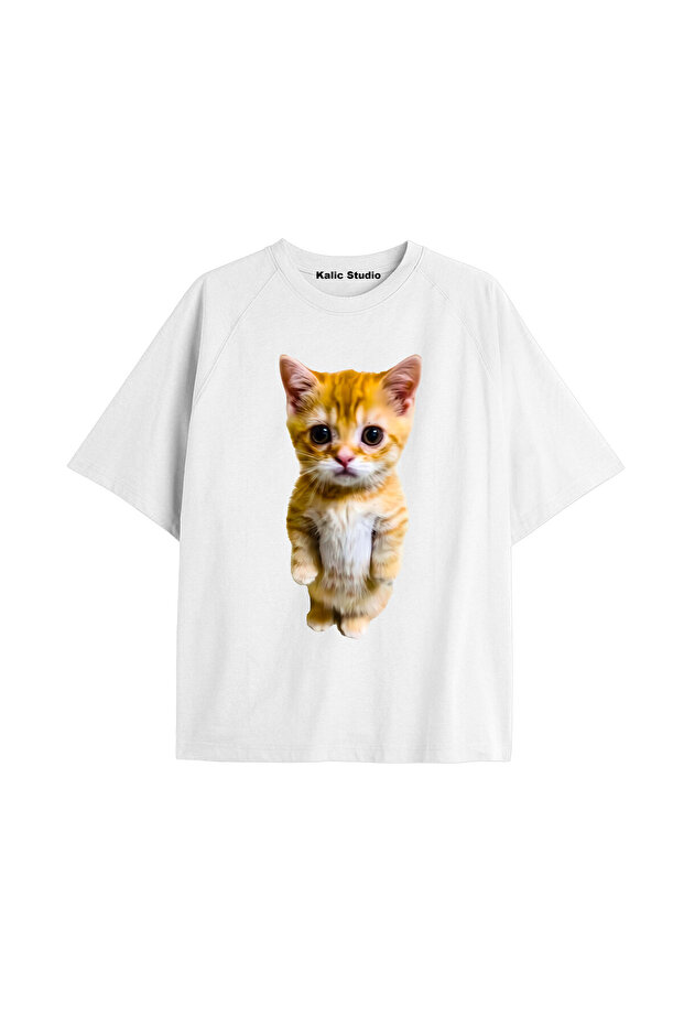 تي شيرت El Gato Cat كبير الحجم للجنسين باللون الأبيض