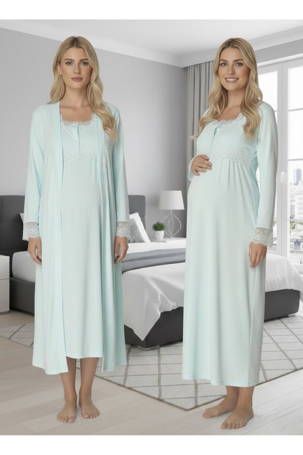 Women's Turquoise Long Sleeve Stylish Lace Detailed Buttoned 100% Cotton Maternity Dressing Gown Nightgown Set