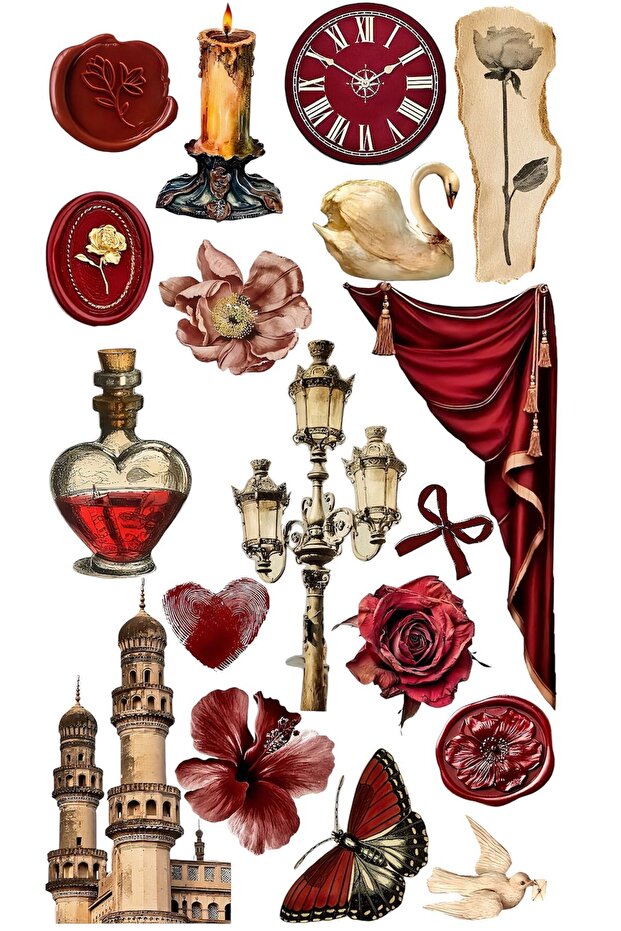 Vintage Red Aesthetic Sticker Set 22X30 cm – Rose, Candle, Swan, Clock, Butterfly