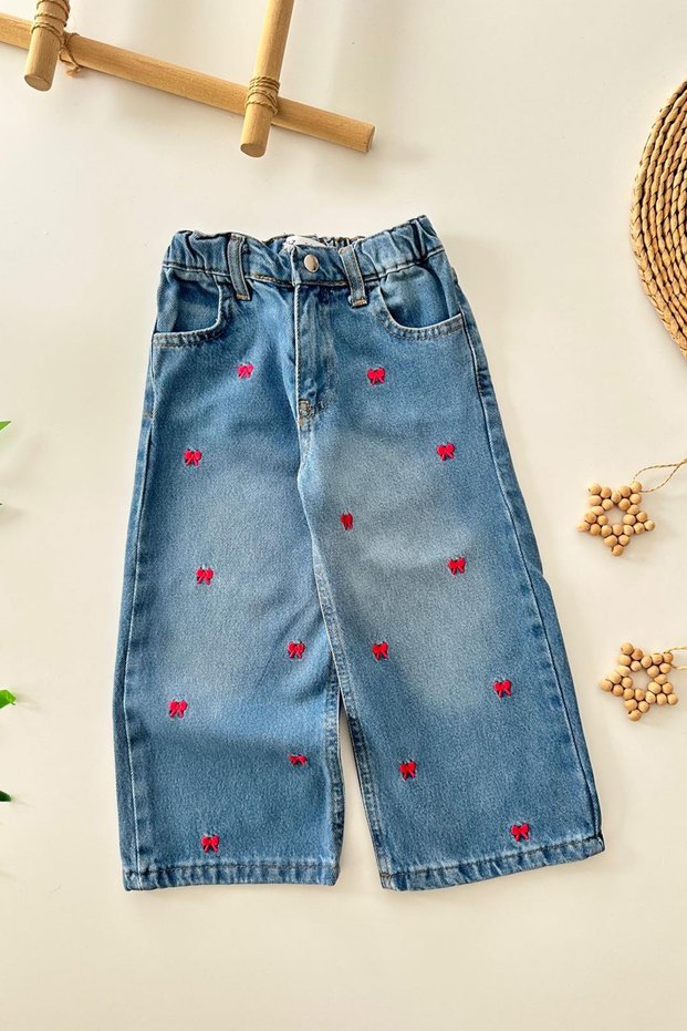 My Little Girl's Jeans with Floral Embroidery Detail - Blue