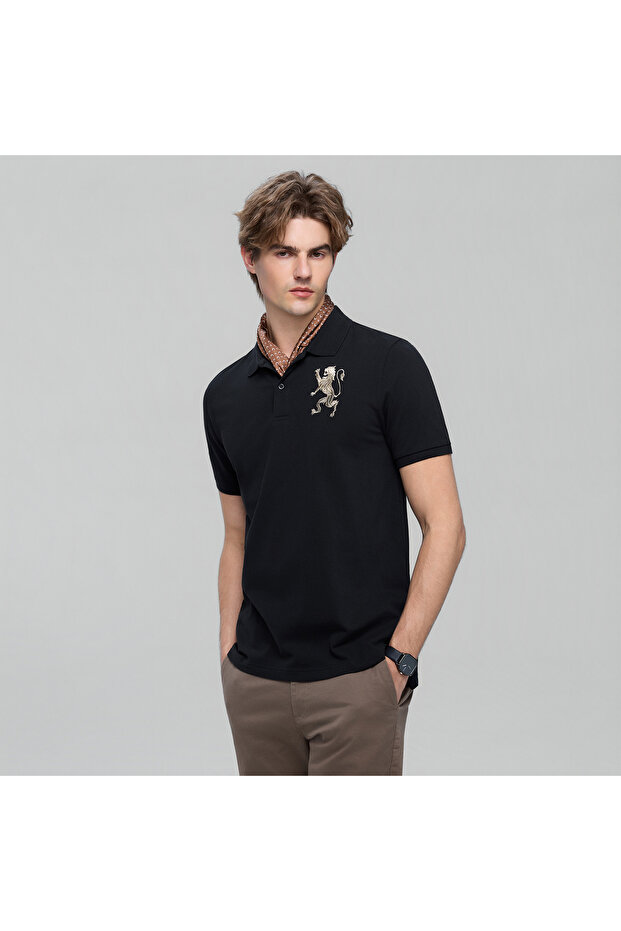 Men’s Slim Fit 3D Lion Embroidery Lycra Pique Polo