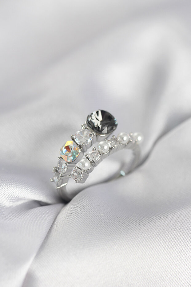 Silver Color Brass Zircon Stone Pearl Women's Ring