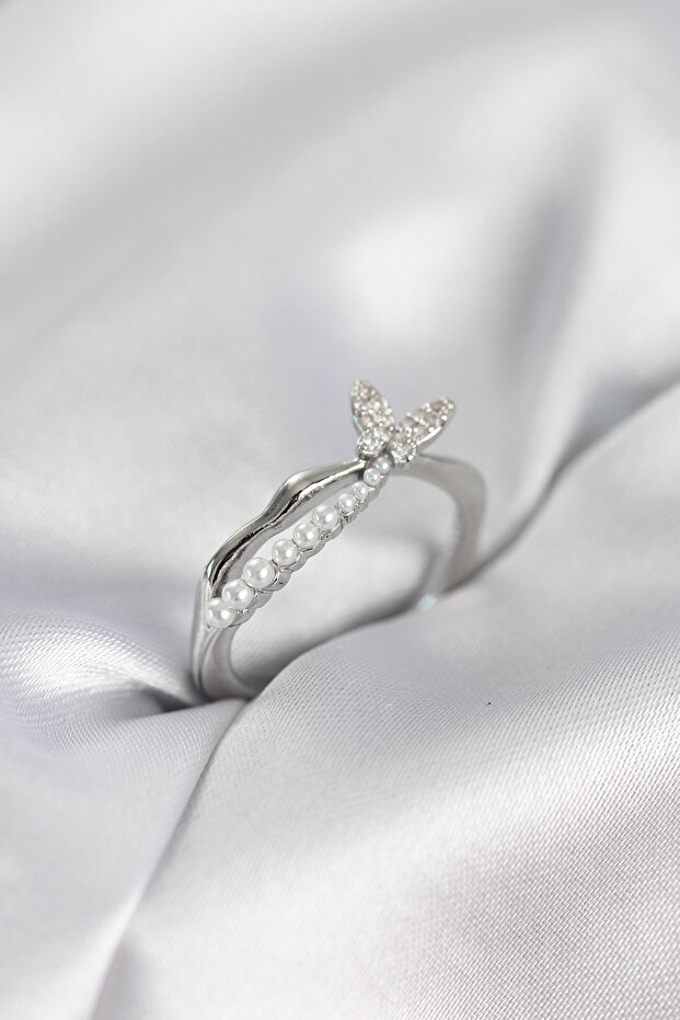 Silver Color Tailed Butterfly Model Pearl Women's Ring