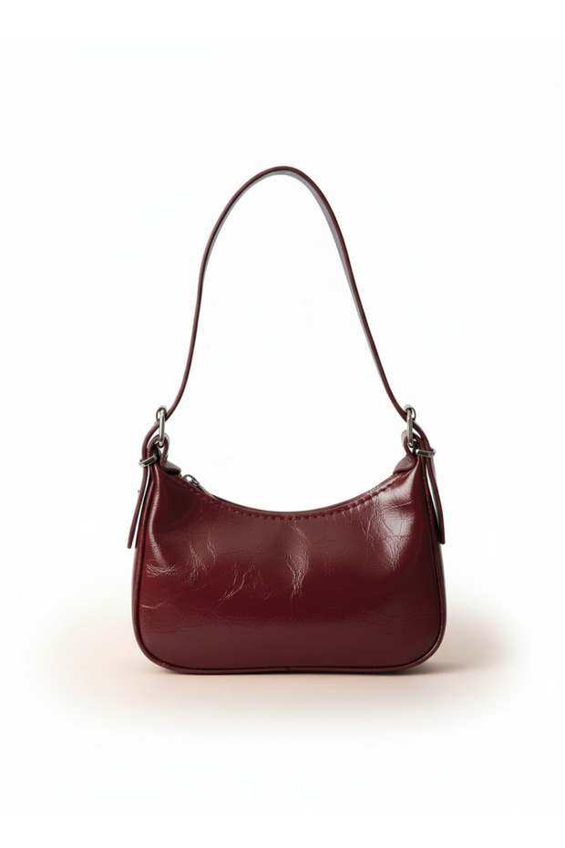 Small Shiny Burgundy Women's Shoulder Bag | Stylish Curved Form | Wide Strap Handbag