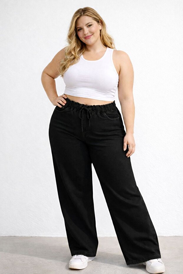 New Season-High Waist Elastic Black Wide Leg Pants - Flexible and Comfortable Cut Jeans