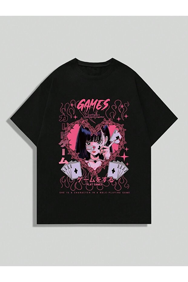 Games Printed Black Oversize Unisex T-Shirt Basic Comfortable Fit Daily Tshirt