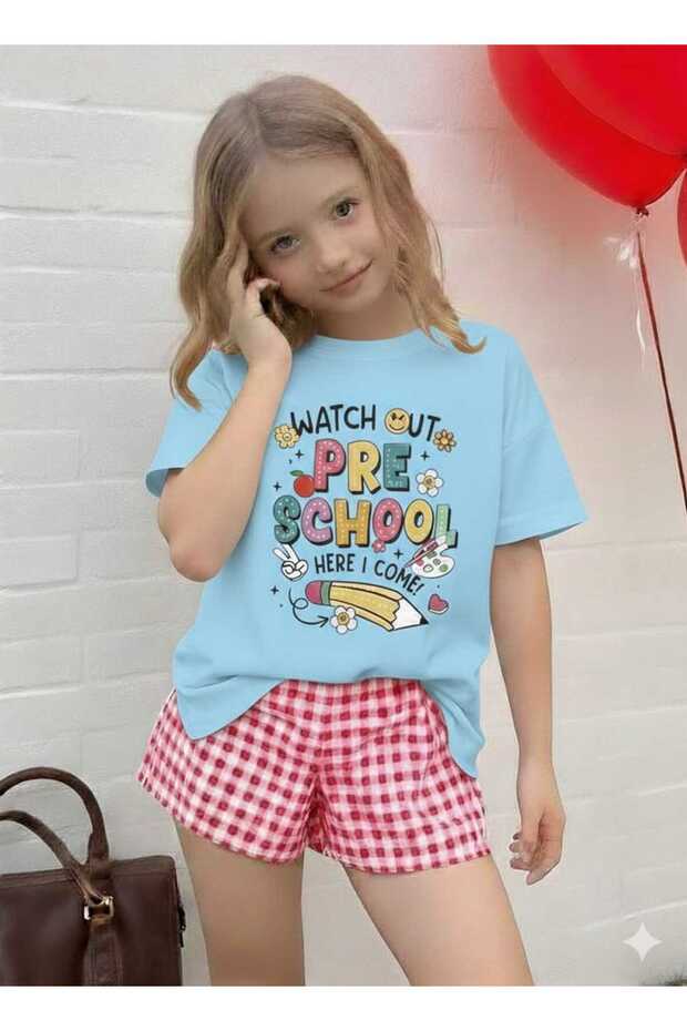 School Printed Baby Blue Kids T-Shirt