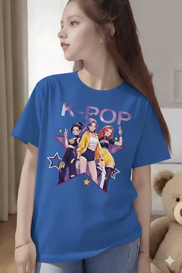 تي شيرت أزرق مطبوع للأطفال من K-POP