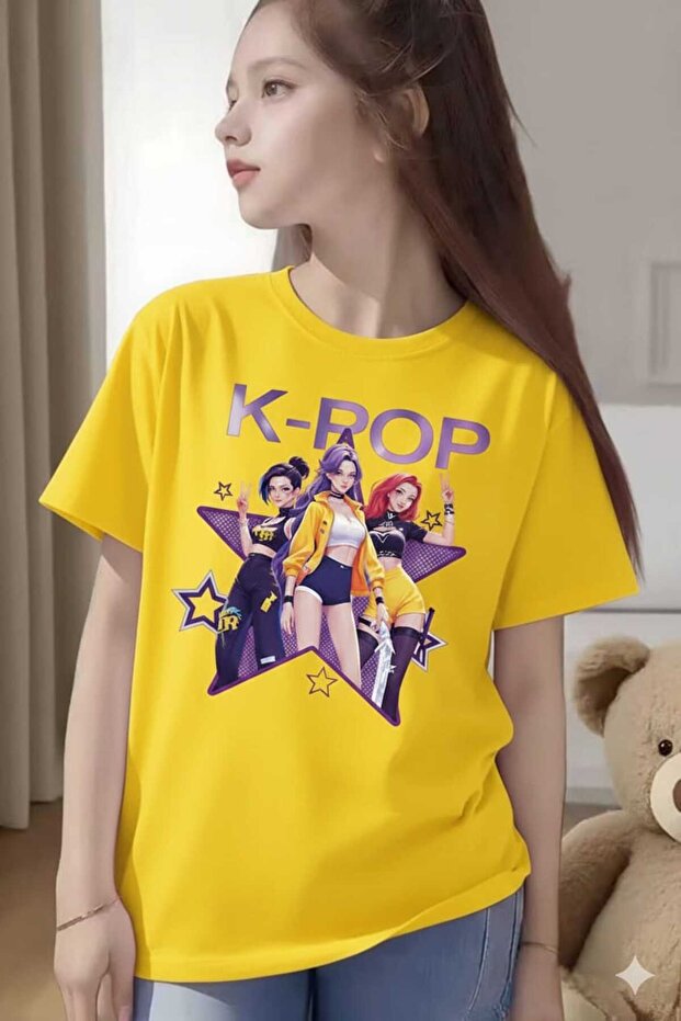 تي شيرت أصفر مطبوع للأطفال من K-POP