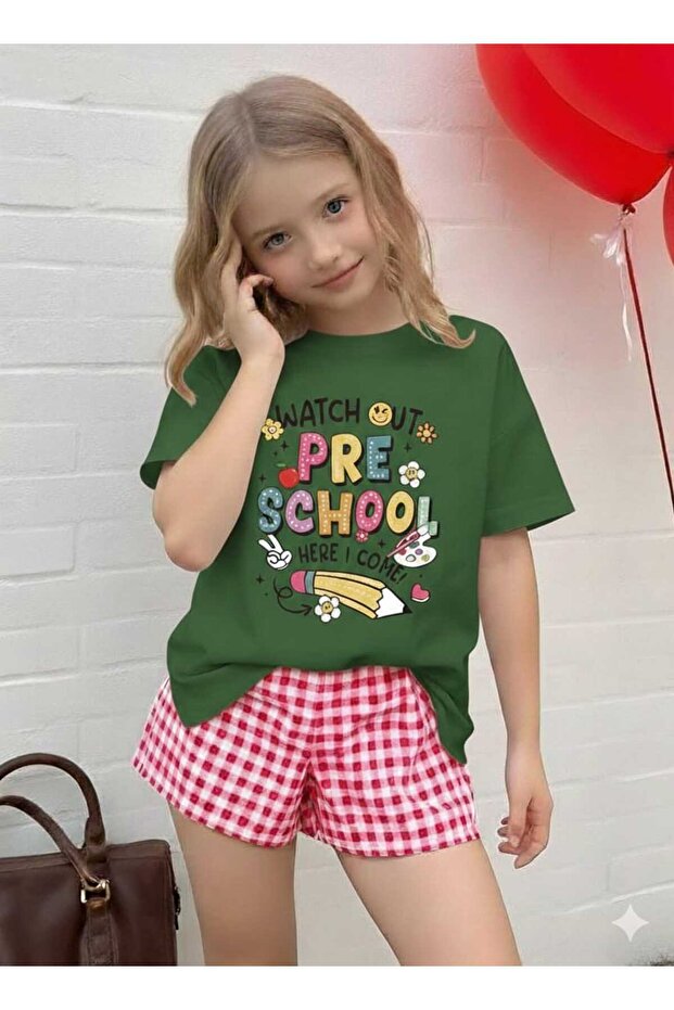 School Printed Green Kids T-Shirt