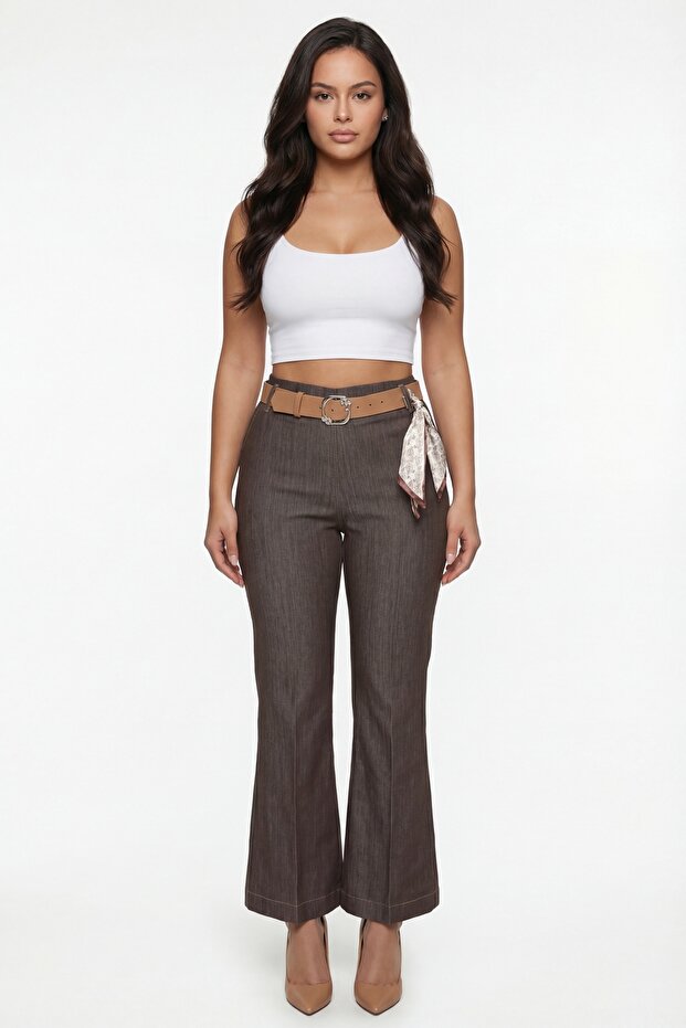 Women's Brown Seasonal Elastic Waist Belted Spanish Flare Denim Trousers with Accessories