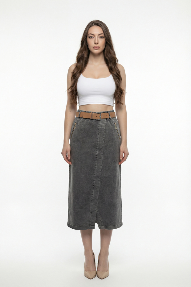 Women's Black Seasonal Elastic Waist Belted Zippered Special Design Pencil Skirt