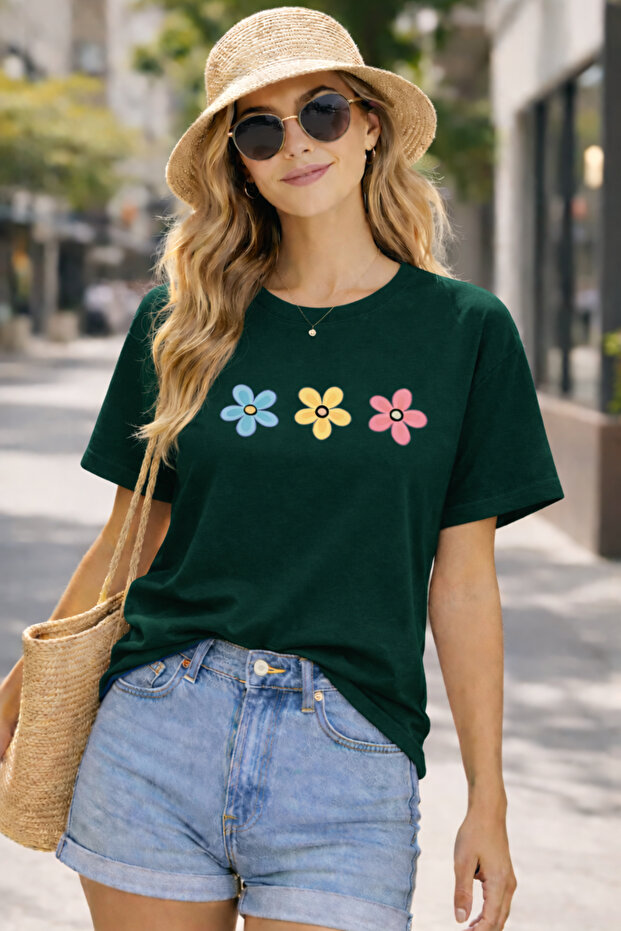 Colorful Daisies Printed Cotton Relaxed Fit Round Neck Unisex T-Shirt
