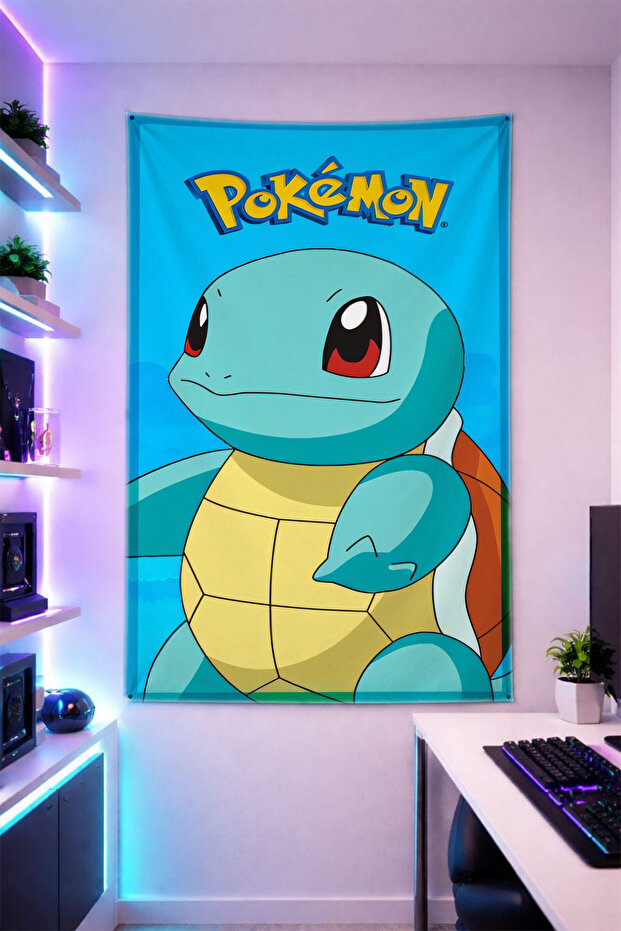غطاء جداري عمودي منقوش من Squirtle، قماش عالي الجودة، ديكور غرفة، نسيج جداري للألعاب