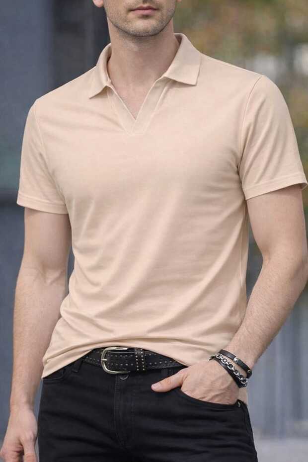 Plain Polo Collar Detailed Lycra Flexible T-Shirt, Comfortable Short Sleeve Top for Spring and Summer, Men's Clothing