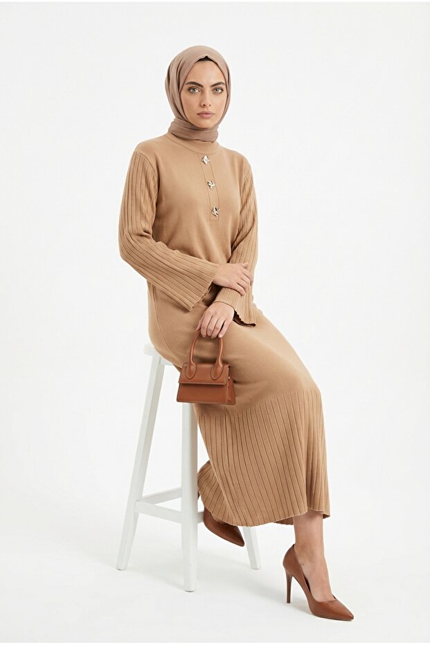 Women's Mercerized Spanish Sleeve Stylish Buttoned Hijab Dress