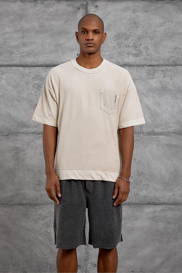 Men's T-Shirt Washable Cream Oversize Pocket Detailed Crew Neck Cotton