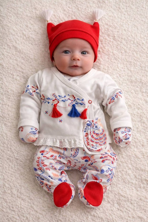100% Cotton Newborn 5-Piece Hospital Discharge Set – Long-Sleeved Top, Bottom, Hat, Gloves and Baby Bib