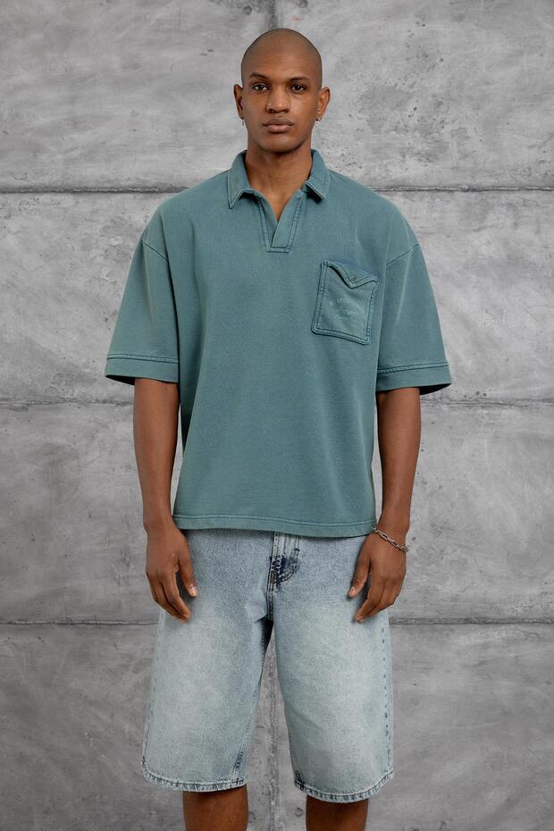 Men's T-Shirt Polo Collar Pocket Washable Green Oversize