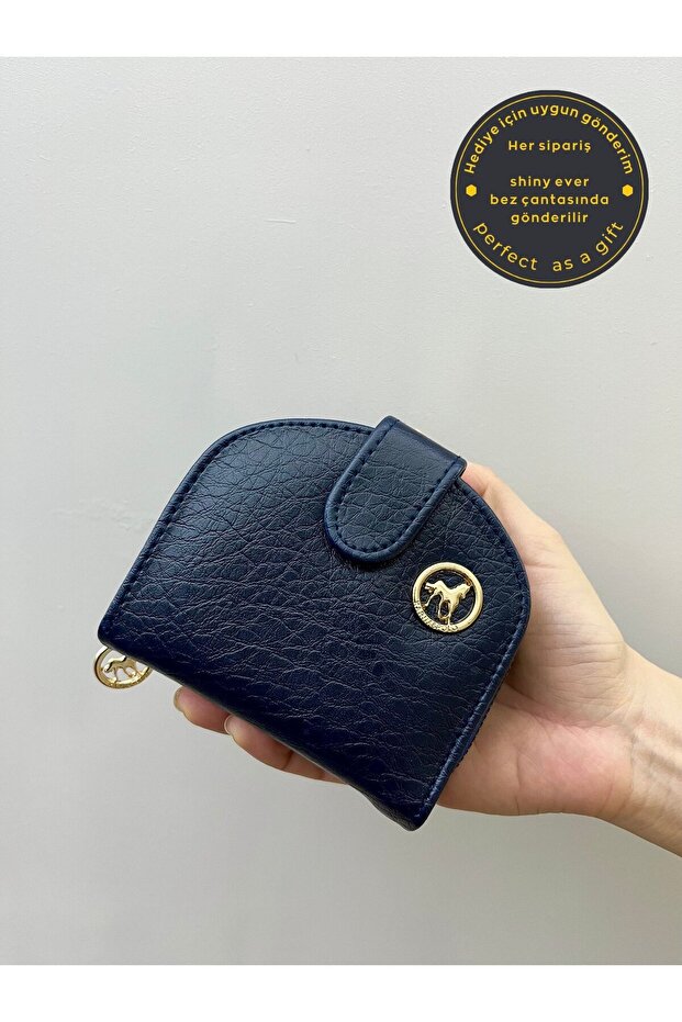 Half Moon Navy Blue Soft Leather Women's Wallet with Gold Detail