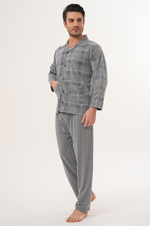 3141 Gray Large Size Men's Button-Up Pajama Set